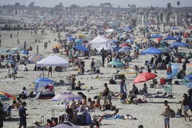 Người dân đổ xô ra bãi biển tại TP Newport Beach, bang California (Mỹ) hôm 24-5. Ảnh: AP
