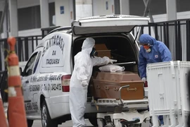 Quan tài chứa thi thể một người chết vì COVID-19 ở Rio de Janeiro (Brazil) được đưa đi an táng hôm 4-6. Ảnh: AP