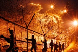 Binh lính Hàn Quốc tuần tra dọc hàng rào biên giới ở Khu Phi quân sự (DMZ). Ảnh: AP