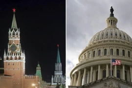 Điện Kremlin vào ngày 30-3-2019 (trái) và Điện Capitol ở thủ đô Washington D.C, Mỹ (phải) vào ngày 17-1.