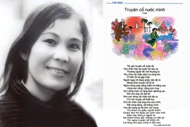 Nhà thơ Lâm Thị Mỹ Dạ (1949-2023). Ảnh: Hội Nhà văn Việt Nam (Vanvn.vn) và bài thơ Truyện cổ nước mình (ảnh phải) của nhà thơ Lâm Thị Mỹ Dạ được in trong sách Tiếng Việt lớp 4 tập 1, Nhà xuất bản Giáo dục Việt Nam.