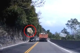 Tài xế thoát chết khi tảng đá lớn rơi trước mũi xe