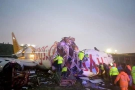 Hiện trường máy bay chở 177 người bị trượt đường băng và gãy đôi ở Thổ Nhĩ Kỳ ngày 5-2. Ảnh: TWITTER