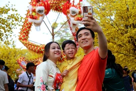 Người dân chen chân chụp ảnh với mai vàng, phố ông đồ tại Lễ hội Tết Việt Giáp Thìn 2024