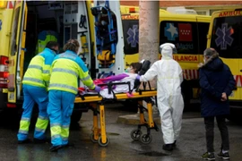Nhân viên y tế đưa một bênh nhân lên xe cứu thương ở bệnh viện ĐH 12 de Octubre tại Madrid, Tây Ban Nha. Ảnh: REUTERS
