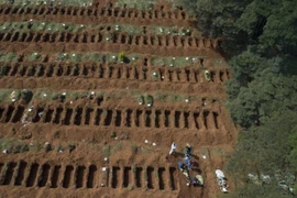 Các nhân viên nghĩa trang tiến hành chôn cất một thi thể tại nghĩa trang Vila Formosa ở Sao Paulo, (Brazil). Ảnh: AP
