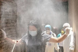 Một phụ nữ được xịt khử trùng ở Nepal. Ảnh: AFP