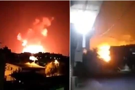 Ảnh cắt từ video cho thấy một cuộc tấn công của Israel nhằm vào căn cứ quân sự Syria ở tỉnh Hama. Ảnh: RT
