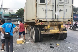 Hai vợ chồng ngã vào bánh container, người vợ thiệt mạng