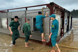 Sà lan và 3 bồn kim loại dạt vào bờ biển Quảng Ngãi