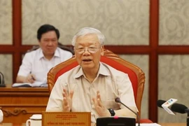 Tổng Bí thư, Chủ tịch nước Nguyễn Phú Trọng phát biểu kết luận buổi họp lãnh đạo chủ chốt của Đảng và Nhà nước. (Ảnh: Trí Dũng/TTXVN)