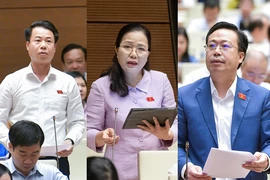 Từ trái sang: Các đại biểu Hoàng Quốc Khánh (Đoàn đại biểu Quốc hội tỉnh Lai Châu), Đỗ Thị Lan (Đoàn đại biểu Quốc hội tỉnh Quảng Ninh) và Nguyễn Đại Thắng (Đoàn đại biểu Quốc hội tỉnh Hưng Yên) phát biểu tại phiên thảo luận về kinh tế - xã hội ngày 29-5.