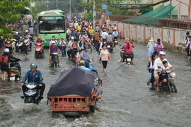 Học sinh TP.HCM bì bõm trong biển nước do triều cường 