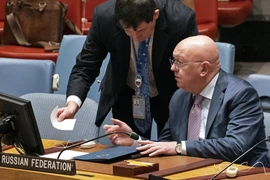 Đại diện thường trực của Nga tại LHQ Vasily Nebenzya (ngồi) và phó diện thường trực của Nga tại LHQ Dmitry Polyansky tại trụ sở LHQ ngày 31-10. Ảnh AP