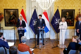 Tổng thư ký NATO - ông Jens Stoltenberg (trái), Ngoại trưởng Hà Lan Wopke Hoekstra (giữa) và Bộ trưởng Quốc phòng Hà Lan Kajsa Ollongren tại một cuộc họp báo về cuộc chiến ở Ukraine ở thành phố The Hague (Hà Lan) ngày 14-11. Ảnh: REUTERS