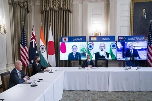 Cuộc họp thượng đỉnh "Bộ tứ kim cương" được tổ chức trực tuyến vào tháng 3. Ảnh: BLOOMBERG