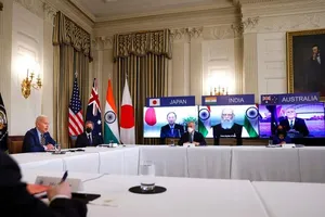 Các nhà lãnh đạo QUAD tại hội nghị trực tuyến hồi tháng 3-2021. Ảnh: Tom Brenner/REUTERS