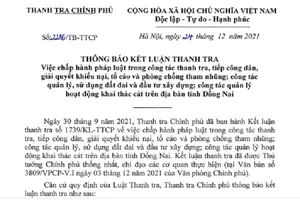 Thanh tra Chính phủ kết luận sai phạm về đất đai tại Đồng Nai
