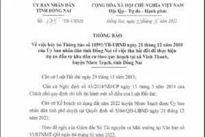 Đồng Nai: Hủy bỏ thu hồi đất dự án Khu dân cư 'khủng' ở Nhơn Trạch