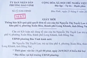 Giấy mời dân đến làm việc, UBND phường ở Đồng Nai cũng đóng dấu MẬT