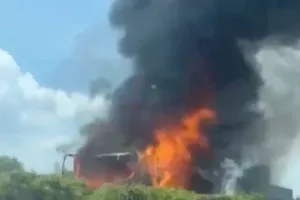 Xe tải đang chạy trên cao tốc TP.HCM - Dầu Giây thì bốc cháy dữ dội 