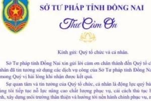 Sở Tư pháp tỉnh Đồng Nai gửi thư cảm ơn người dân sau khi giải quyết thủ tục hành chính