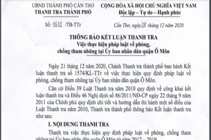 Thông báo kết luận thanh tra việc thực hiện pháp luật phòng, chống tham nhũng tại UBND quận Ô Môn. Ảnh: NHẪN NAM