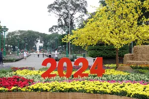 Cờ hoa biểu ngữ Tết đã giăng đầy khắp phố,TP.HCM rộn ràng sẵn sàng chào đón năm mới 2024.