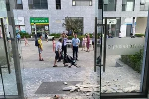 Bé trai 2 tuổi bị đá ốp tòa nhà chung cư rơi trúng đầu