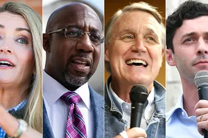 Từ trái qua: Thượng nghị sĩ Kelly Loeffler, ứng viên Raphael Warnock, thượng nghị sĩ David Perdue và ứng viên Jon Ossoff.