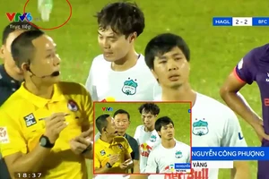 Công Phượng thản nhiên ném chai nước qua đầu trọng tài rồi bỏ đi. Trong khi trọng tài giật mình, né chai nước rồi nhìn Công Phượng mà không dám rút thẻ đỏ (ảnh nhỏ).