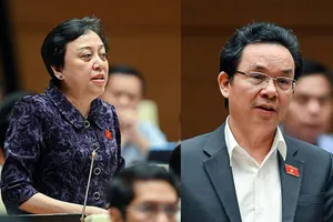 Đại biểu Phạm Khánh Phong Lan (trái) và đại biểu Hoàng Văn Cường phát biểu tại nghị trường.