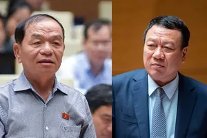 Đại biểu Lê Thanh Vân (đoàn Cà Mau, trái) chất vấn và Tổng Thanh tra Chính phủ Đoàn Hồng Phong trả lời.