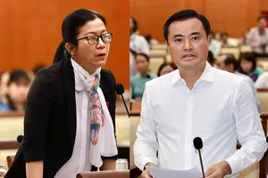 Đại biểu Nguyễn Thị Hồng Nhung (trái) và Phó Chủ tịch UBND TP.HCM Bùi Xuân Cường tại phiên giám sát chuyên đề kỳ họp HĐND TP sáng 8-12.