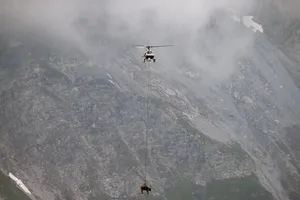 Khoảng 10 con bò được "không vận" bằng trực thăng xuống vùng núi thấp hơn trên dãy Alps ở Thụy Sĩ. Nguồn: CBS NEWS