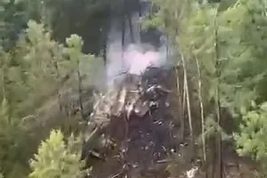 Đám cháy bốc lên từ xác máy bay An-24 rơi ở tỉnh Amur (Nga) hôm 24-7. Ảnh: PORT AMUR