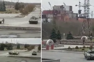 Ảnh cắt từ video hiện trường quay cảnh binh sĩ Nga tiến vào kiểm soát nhà máy hạt nhân Chernobyl ngày 25-2. Nguồn: METRO NEWS
