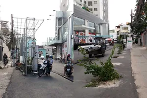 Tòa nhà Sunny Plaza đã tháo khung sắt giữa đường