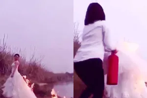 Clip: Cô dâu đốt váy tạo dáng chụp ảnh cưới gây xôn xao