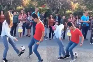 Cô gái lừa bóng điêu luyện khiến 2 thanh niên chào thua