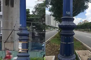 Đã khắc phục trụ đèn không nắp trên xa lộ Hà Nội