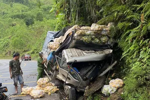 Xe tải mất lái, lao vào ta luy trên đường Hồ Chí Minh