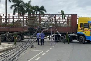 Xe đầu kéo quay đầu vô tình vướng vào đường dây, làm gãy 4 trụ khiến 300 hộ dân mất điện. Ảnh: CTV