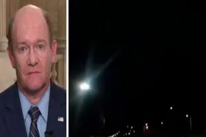 Thượng nghị sĩ Mỹ Chris Coons và cảnh tên lửa Iran tấn công căn cứ Mỹ ở Iraq. Ảnh: FOX NEWS