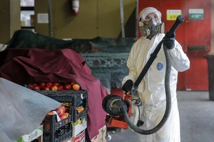 Nhân viên y tế khử trùng một khu chợ ở thủ đô Bucharest, Romania ngày 28-3. Ảnh: REUTERS