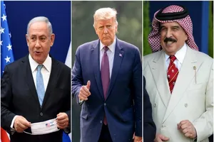 Thủ tướng Israel Benjamin Netanyahu (trái), Tổng thống Mỹ Donald Trump (giữa) và Quốc vương Bahrain Hamad bin Isa Al Khalifa. Ảnh: AP