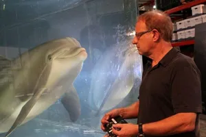 Ông Walt Conti, giám đốc điều hành công ty Edge Innovations bên cạnh chú cá heo robot. Ảnh: REUTERS