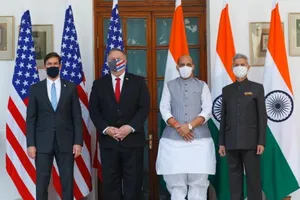 Lần lượt từ trái sang: Bộ trưởng Quốc phòng Mark Esper, Ngoại trưởng Mỹ Mike Pompeo, Bộ trưởng Quốc phòng Ấn Độ Rajnath Singh và Ngoại trưởng Subrahmanyam Jaishankar.