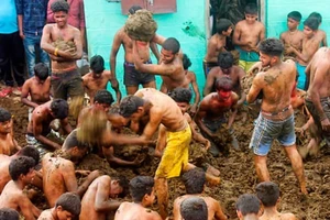 Lễ hội ném phân bò được tổ chức tại làng Gumatapura, Ấn Độ. Ảnh: AFP