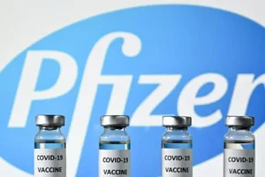 Những lọ vaccine ngừa COVID-19 đặc trước logo tập đoàn dược phẩm Pfizer.